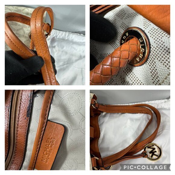 Michael Michael Kors Jet Set Large Logo Leather Gathered Brown Vanilla Tote Bag - Picture 13 of 14